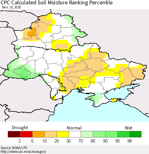 Ukraine, Moldova and Belarus CPC Calculated Soil Moisture Ranking Percentile Thematic Map For 11/6/2020 - 11/10/2020