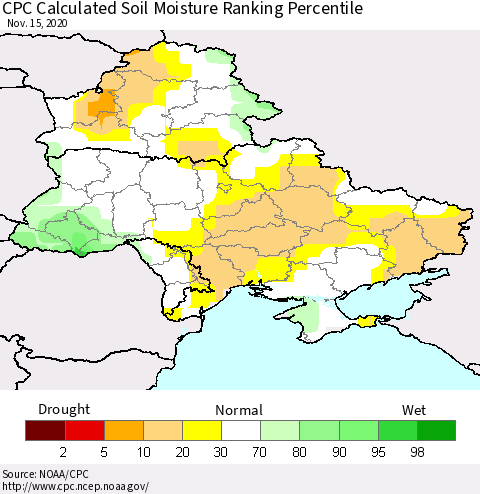 Ukraine, Moldova and Belarus CPC Soil Moisture Ranking Percentile (Leaky Bucket) Thematic Map For 11/11/2020 - 11/15/2020