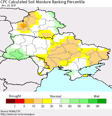 Ukraine, Moldova and Belarus CPC Calculated Soil Moisture Ranking Percentile Thematic Map For 11/16/2020 - 11/20/2020