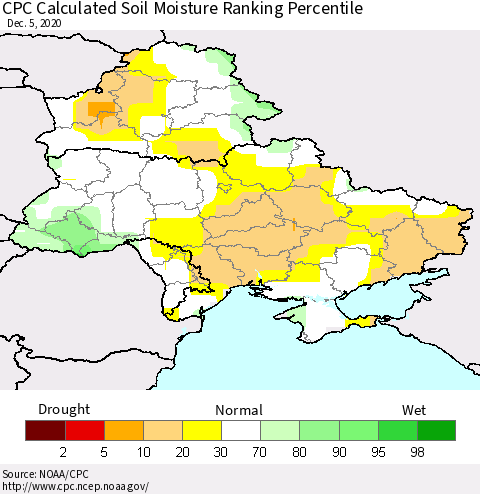 Ukraine, Moldova and Belarus CPC Soil Moisture Ranking Percentile (Leaky Bucket) Thematic Map For 12/1/2020 - 12/5/2020