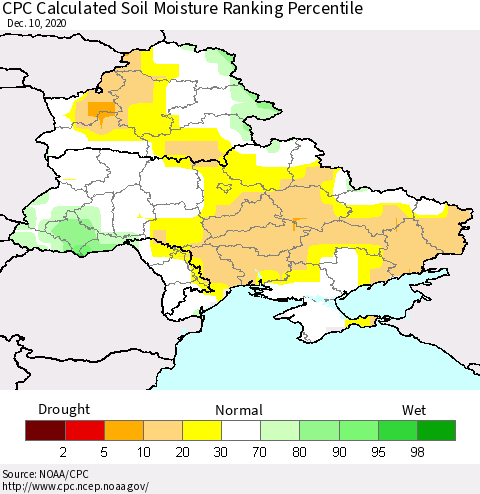 Ukraine, Moldova and Belarus CPC Calculated Soil Moisture Ranking Percentile Thematic Map For 12/6/2020 - 12/10/2020