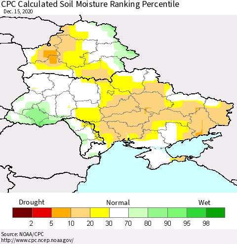 Ukraine, Moldova and Belarus CPC Calculated Soil Moisture Ranking Percentile Thematic Map For 12/11/2020 - 12/15/2020