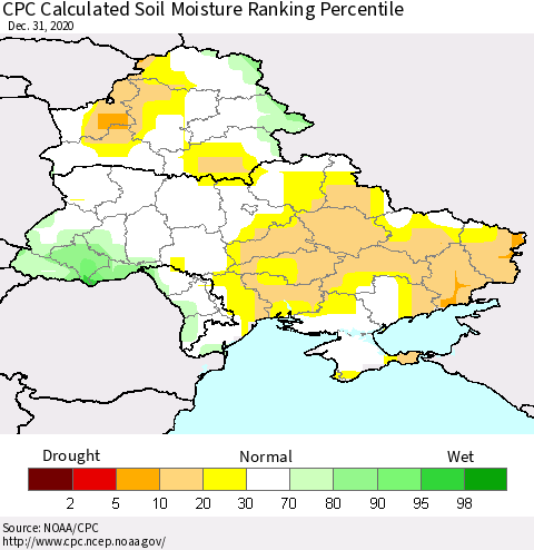 Ukraine, Moldova and Belarus CPC Calculated Soil Moisture Ranking Percentile Thematic Map For 12/26/2020 - 12/31/2020