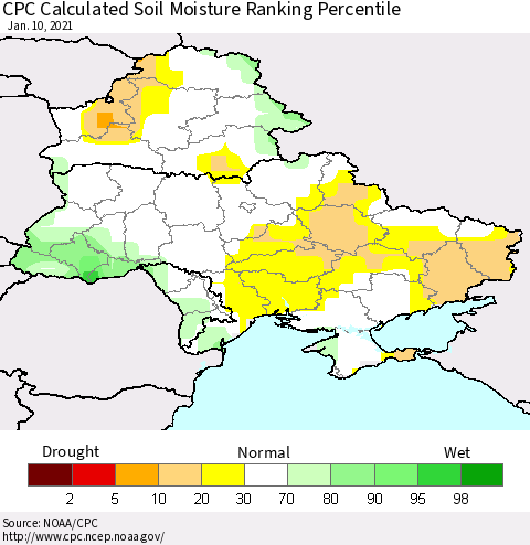 Ukraine, Moldova and Belarus CPC Soil Moisture Ranking Percentile (Leaky Bucket) Thematic Map For 1/6/2021 - 1/10/2021