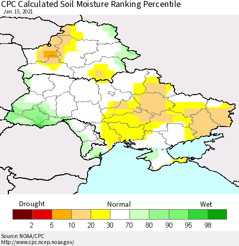 Ukraine, Moldova and Belarus CPC Calculated Soil Moisture Ranking Percentile Thematic Map For 1/11/2021 - 1/15/2021