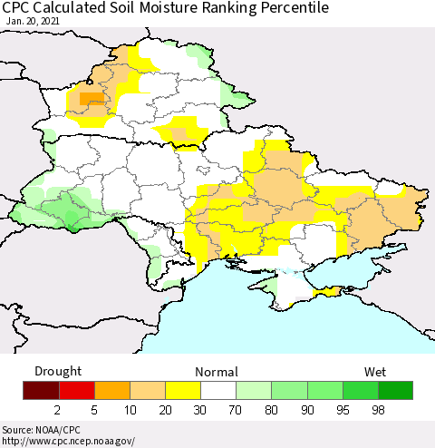 Ukraine, Moldova and Belarus CPC Soil Moisture Ranking Percentile (Leaky Bucket) Thematic Map For 1/16/2021 - 1/20/2021