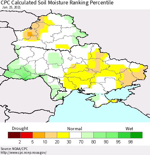 Ukraine, Moldova and Belarus CPC Calculated Soil Moisture Ranking Percentile Thematic Map For 1/21/2021 - 1/25/2021