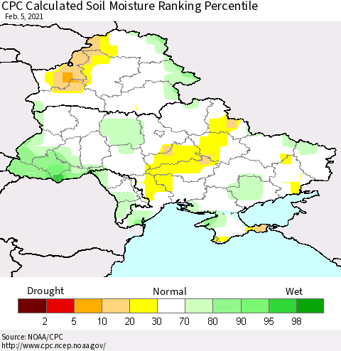 Ukraine, Moldova and Belarus CPC Calculated Soil Moisture Ranking Percentile Thematic Map For 2/1/2021 - 2/5/2021