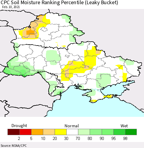 Ukraine, Moldova and Belarus CPC Calculated Soil Moisture Ranking Percentile Thematic Map For 2/6/2021 - 2/10/2021