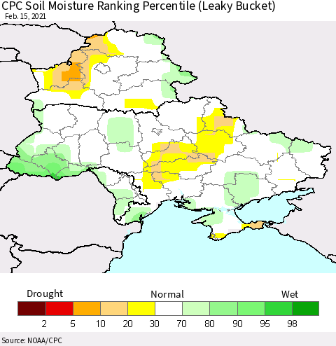 Ukraine, Moldova and Belarus CPC Calculated Soil Moisture Ranking Percentile Thematic Map For 2/11/2021 - 2/15/2021