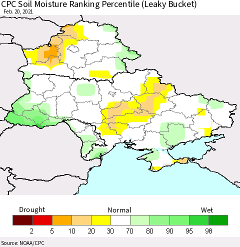 Ukraine, Moldova and Belarus CPC Soil Moisture Ranking Percentile (Leaky Bucket) Thematic Map For 2/16/2021 - 2/20/2021