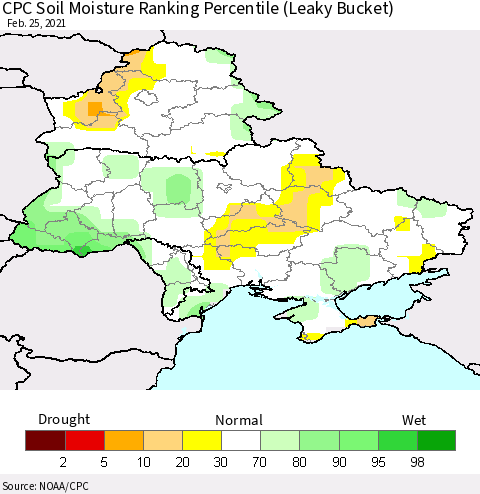 Ukraine, Moldova and Belarus CPC Calculated Soil Moisture Ranking Percentile Thematic Map For 2/21/2021 - 2/25/2021