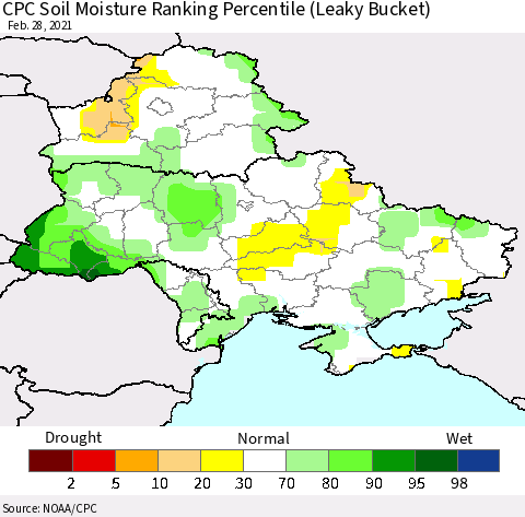 Ukraine, Moldova and Belarus CPC Soil Moisture Ranking Percentile (Leaky Bucket) Thematic Map For 2/26/2021 - 2/28/2021