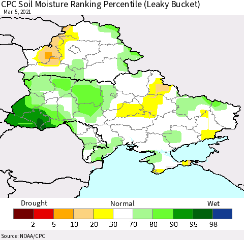 Ukraine, Moldova and Belarus CPC Calculated Soil Moisture Ranking Percentile Thematic Map For 3/1/2021 - 3/5/2021