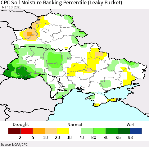 Ukraine, Moldova and Belarus CPC Calculated Soil Moisture Ranking Percentile Thematic Map For 3/6/2021 - 3/10/2021