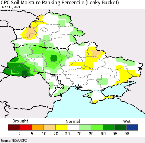 Ukraine, Moldova and Belarus CPC Calculated Soil Moisture Ranking Percentile Thematic Map For 3/11/2021 - 3/15/2021