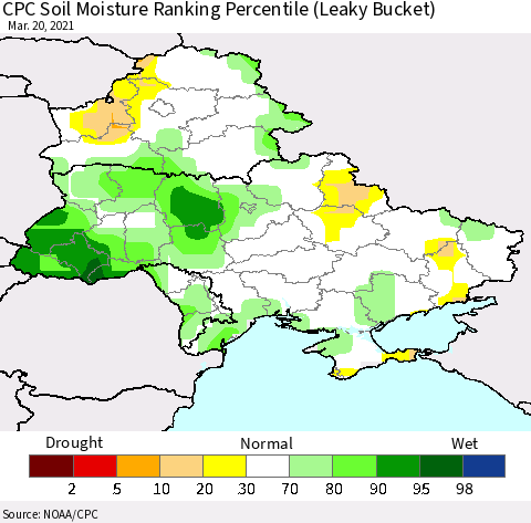 Ukraine, Moldova and Belarus CPC Calculated Soil Moisture Ranking Percentile Thematic Map For 3/16/2021 - 3/20/2021