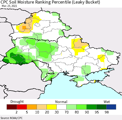 Ukraine, Moldova and Belarus CPC Calculated Soil Moisture Ranking Percentile Thematic Map For 3/21/2021 - 3/25/2021