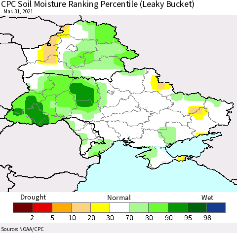 Ukraine, Moldova and Belarus CPC Calculated Soil Moisture Ranking Percentile Thematic Map For 3/26/2021 - 3/31/2021