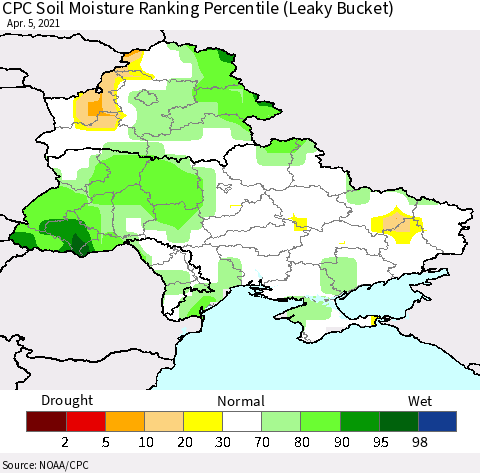 Ukraine, Moldova and Belarus CPC Soil Moisture Ranking Percentile (Leaky Bucket) Thematic Map For 4/1/2021 - 4/5/2021