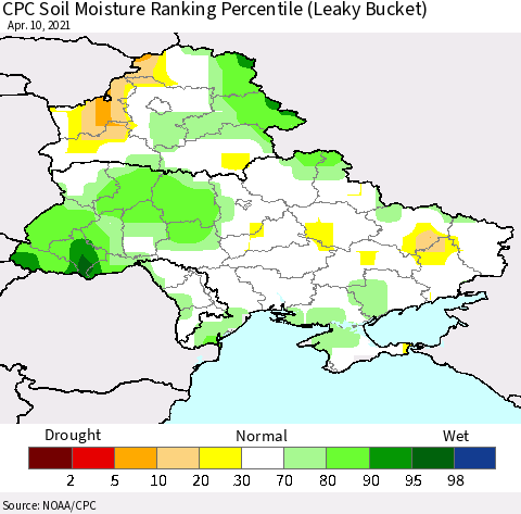 Ukraine, Moldova and Belarus CPC Soil Moisture Ranking Percentile (Leaky Bucket) Thematic Map For 4/6/2021 - 4/10/2021
