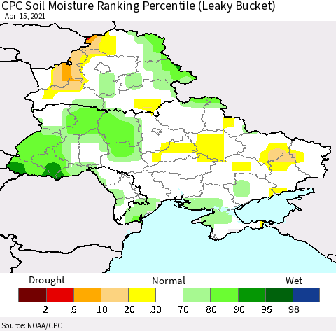Ukraine, Moldova and Belarus CPC Soil Moisture Ranking Percentile (Leaky Bucket) Thematic Map For 4/11/2021 - 4/15/2021