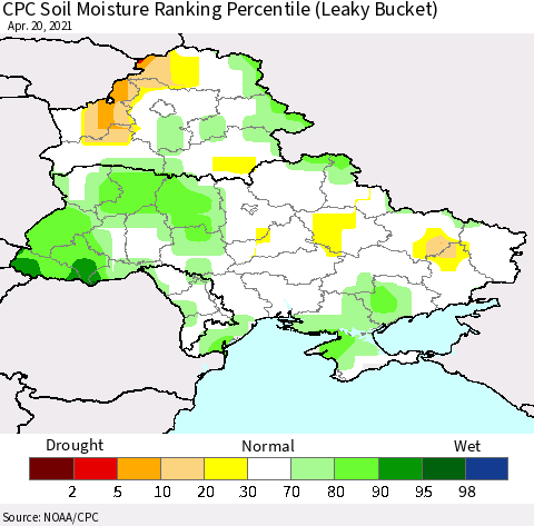 Ukraine, Moldova and Belarus CPC Soil Moisture Ranking Percentile (Leaky Bucket) Thematic Map For 4/16/2021 - 4/20/2021