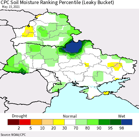 Ukraine, Moldova and Belarus CPC Soil Moisture Ranking Percentile (Leaky Bucket) Thematic Map For 5/11/2021 - 5/15/2021
