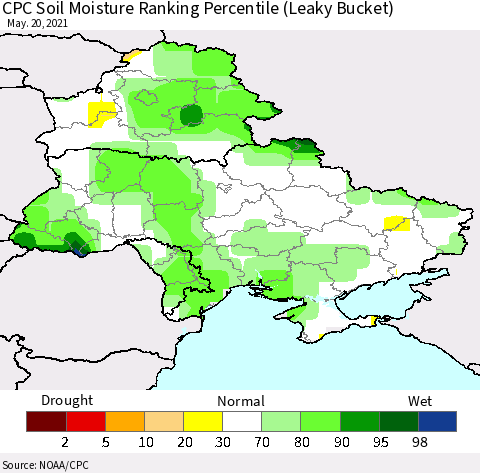 Ukraine, Moldova and Belarus CPC Soil Moisture Ranking Percentile (Leaky Bucket) Thematic Map For 5/16/2021 - 5/20/2021