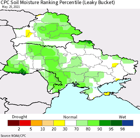 Ukraine, Moldova and Belarus CPC Soil Moisture Ranking Percentile (Leaky Bucket) Thematic Map For 5/21/2021 - 5/25/2021