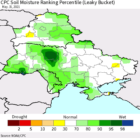 Ukraine, Moldova and Belarus CPC Calculated Soil Moisture Ranking Percentile Thematic Map For 5/26/2021 - 5/31/2021