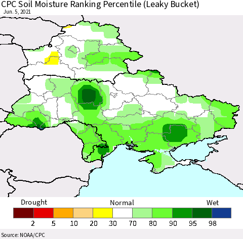 Ukraine, Moldova and Belarus CPC Soil Moisture Ranking Percentile (Leaky Bucket) Thematic Map For 6/1/2021 - 6/5/2021