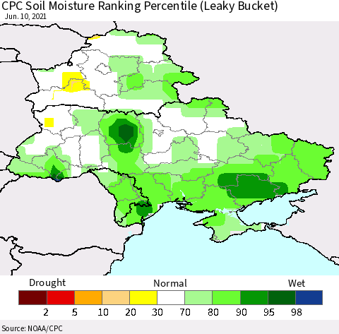 Ukraine, Moldova and Belarus CPC Soil Moisture Ranking Percentile (Leaky Bucket) Thematic Map For 6/6/2021 - 6/10/2021