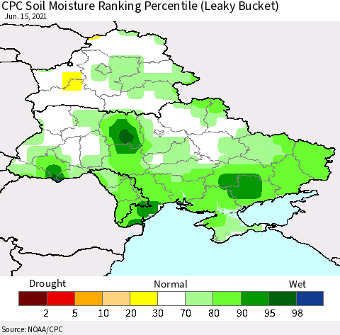 Ukraine, Moldova and Belarus CPC Calculated Soil Moisture Ranking Percentile Thematic Map For 6/11/2021 - 6/15/2021