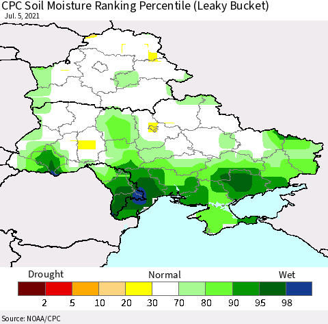 Ukraine, Moldova and Belarus CPC Soil Moisture Ranking Percentile (Leaky Bucket) Thematic Map For 7/1/2021 - 7/5/2021