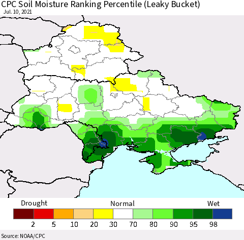 Ukraine, Moldova and Belarus CPC Soil Moisture Ranking Percentile (Leaky Bucket) Thematic Map For 7/6/2021 - 7/10/2021