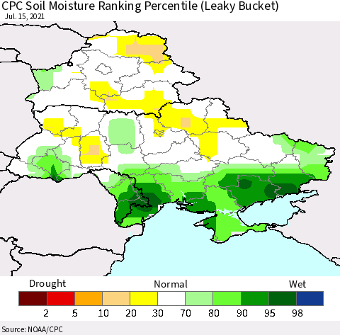 Ukraine, Moldova and Belarus CPC Soil Moisture Ranking Percentile (Leaky Bucket) Thematic Map For 7/11/2021 - 7/15/2021