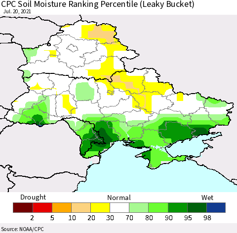 Ukraine, Moldova and Belarus CPC Calculated Soil Moisture Ranking Percentile Thematic Map For 7/16/2021 - 7/20/2021