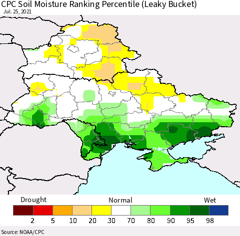 Ukraine, Moldova and Belarus CPC Calculated Soil Moisture Ranking Percentile Thematic Map For 7/21/2021 - 7/25/2021