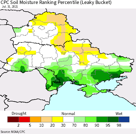 Ukraine, Moldova and Belarus CPC Soil Moisture Ranking Percentile (Leaky Bucket) Thematic Map For 7/26/2021 - 7/31/2021