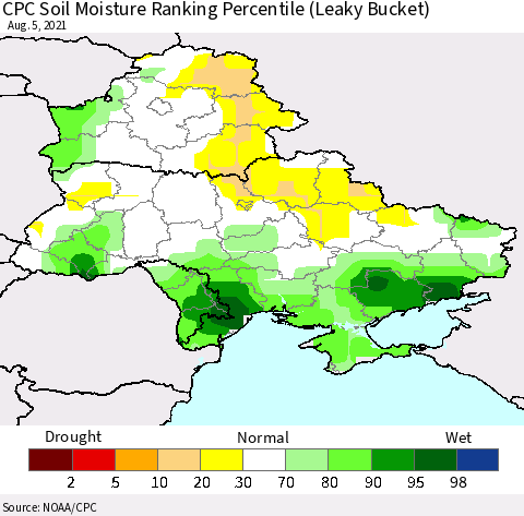Ukraine, Moldova and Belarus CPC Soil Moisture Ranking Percentile (Leaky Bucket) Thematic Map For 8/1/2021 - 8/5/2021