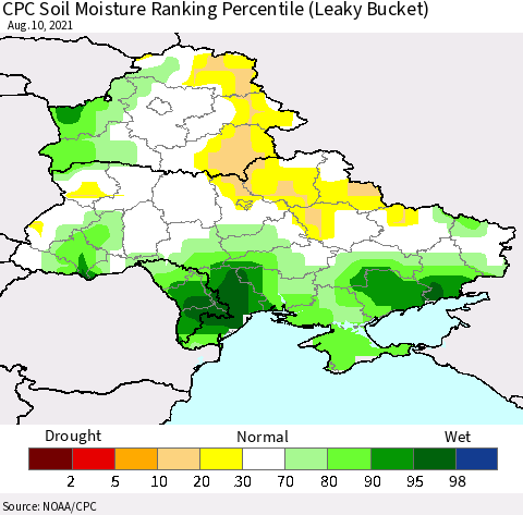 Ukraine, Moldova and Belarus CPC Calculated Soil Moisture Ranking Percentile Thematic Map For 8/6/2021 - 8/10/2021
