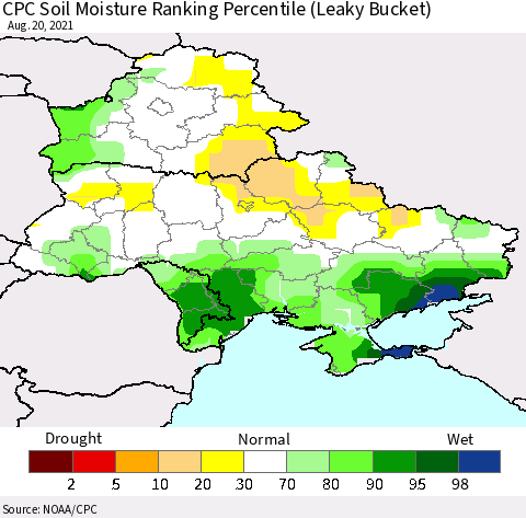 Ukraine, Moldova and Belarus CPC Soil Moisture Ranking Percentile Thematic Map For 8/16/2021 - 8/20/2021