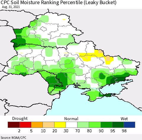 Ukraine, Moldova and Belarus CPC Calculated Soil Moisture Ranking Percentile Thematic Map For 8/26/2021 - 8/31/2021