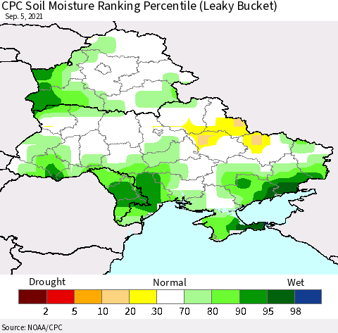 Ukraine, Moldova and Belarus CPC Soil Moisture Ranking Percentile (Leaky Bucket) Thematic Map For 9/1/2021 - 9/5/2021