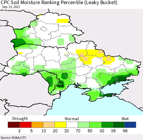 Ukraine, Moldova and Belarus CPC Soil Moisture Ranking Percentile Thematic Map For 9/6/2021 - 9/10/2021
