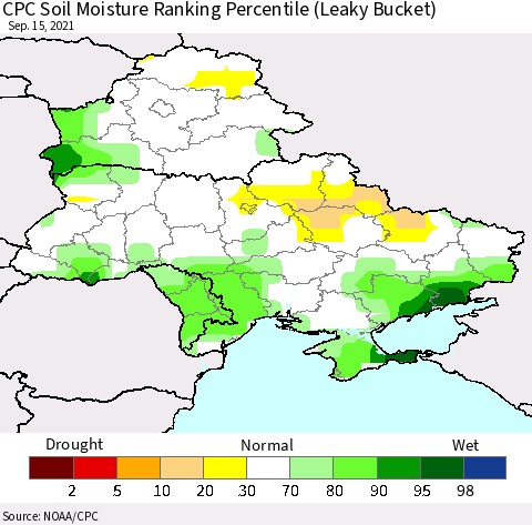 Ukraine, Moldova and Belarus CPC Soil Moisture Ranking Percentile Thematic Map For 9/11/2021 - 9/15/2021