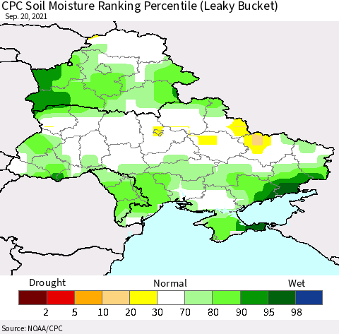 Ukraine, Moldova and Belarus CPC Soil Moisture Ranking Percentile Thematic Map For 9/16/2021 - 9/20/2021