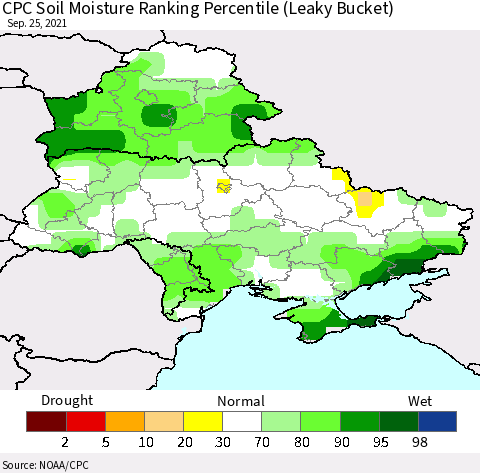 Ukraine, Moldova and Belarus CPC Soil Moisture Ranking Percentile (Leaky Bucket) Thematic Map For 9/21/2021 - 9/25/2021
