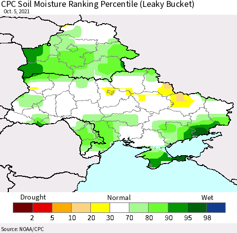 Ukraine, Moldova and Belarus CPC Soil Moisture Ranking Percentile (Leaky Bucket) Thematic Map For 10/1/2021 - 10/5/2021